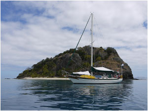Dream Time anchored off Mocia (Honeymoon Island - site of Catherine's birthday beach fire)
