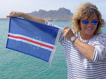 Catherine getting ready to raise the Cape Verde courtesy flag