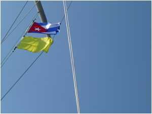 Entering Cuban territory - flying our Cuban courtesy flag above the quarantine flag