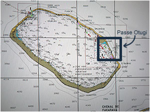 A chart showing Toau atoll, highlighting Passe Otugi on the southeastern side